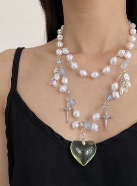 巴洛克不规则珍珠薄荷绿透明项链