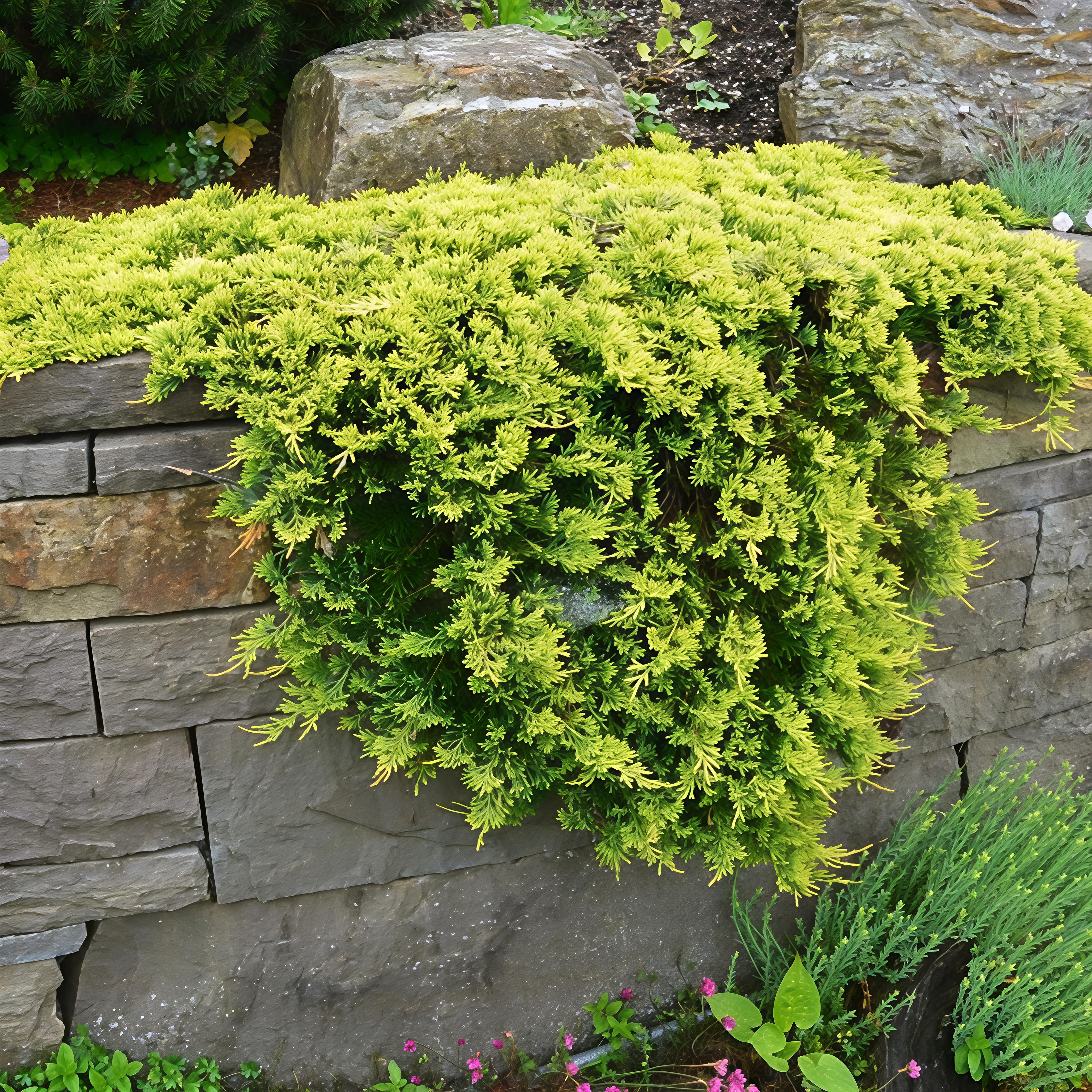 Tile juniper, golden carpet, perennial potted courtyard garden, evergreen plants in all seasons