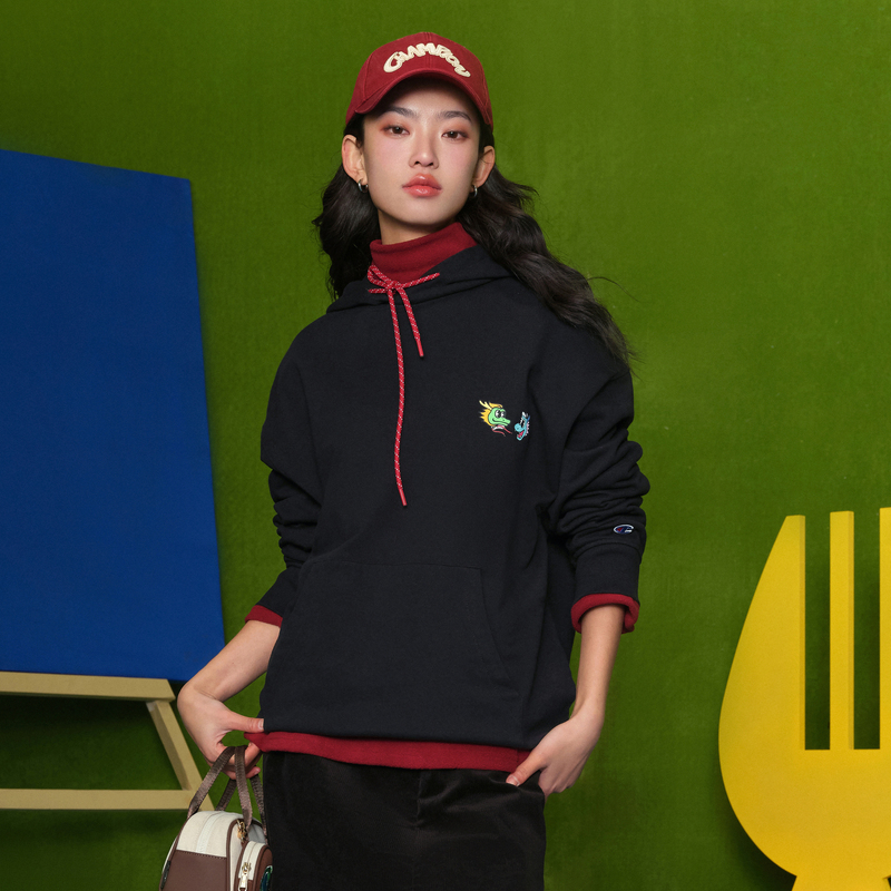 【王俊凯同款】Champion小龙人系列冠军秋季红色卫衣男连帽上衣女