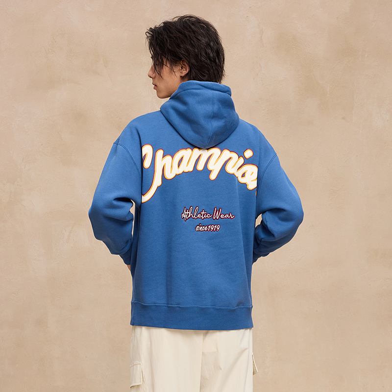 Champion冠军卫衣男2025冬季新款刺绣加绒休闲红色连帽卫衣落肩秋 - 图0