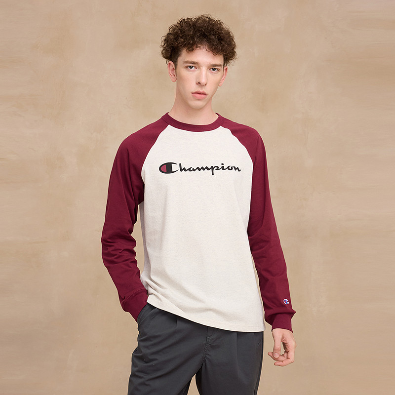 Champion冠军长袖T恤男25冬季新款打底衫插肩袖圆领休闲女复古红,淘宝优惠券,粉丝福利购,淘宝优惠卷