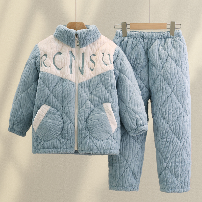 冬季儿童睡衣三层夹棉男童女童加绒加厚款男孩中大童高领保暖套装 - 图0