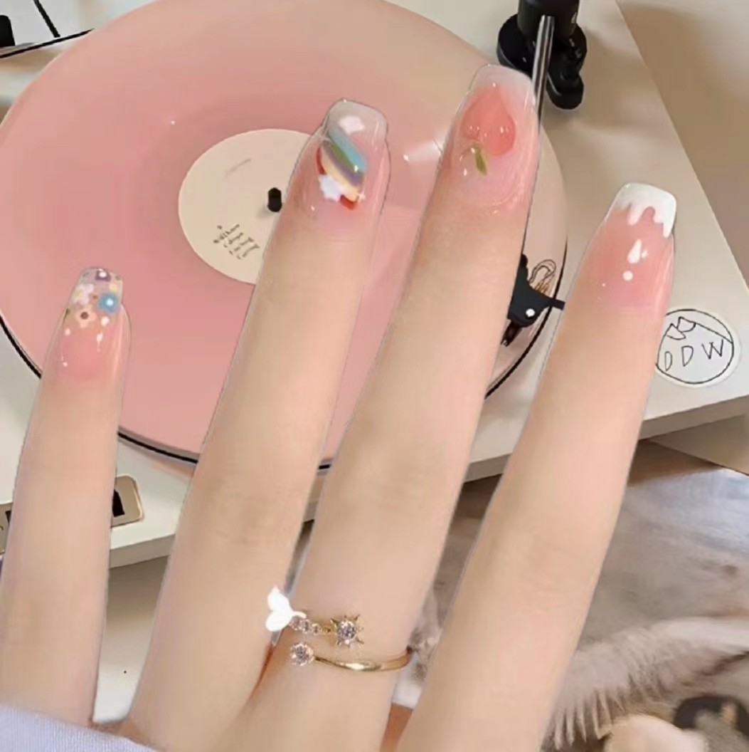 蜜桃缤纷手工美甲穿戴甲夏日显白温柔,淘宝优惠券,粉丝福利购,淘宝优惠卷