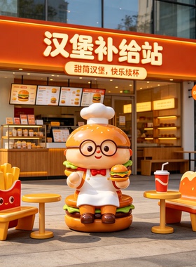 玻璃钢雕塑定制网红汉堡店立体门头卡通汉堡公仔座椅引流摆件厂家