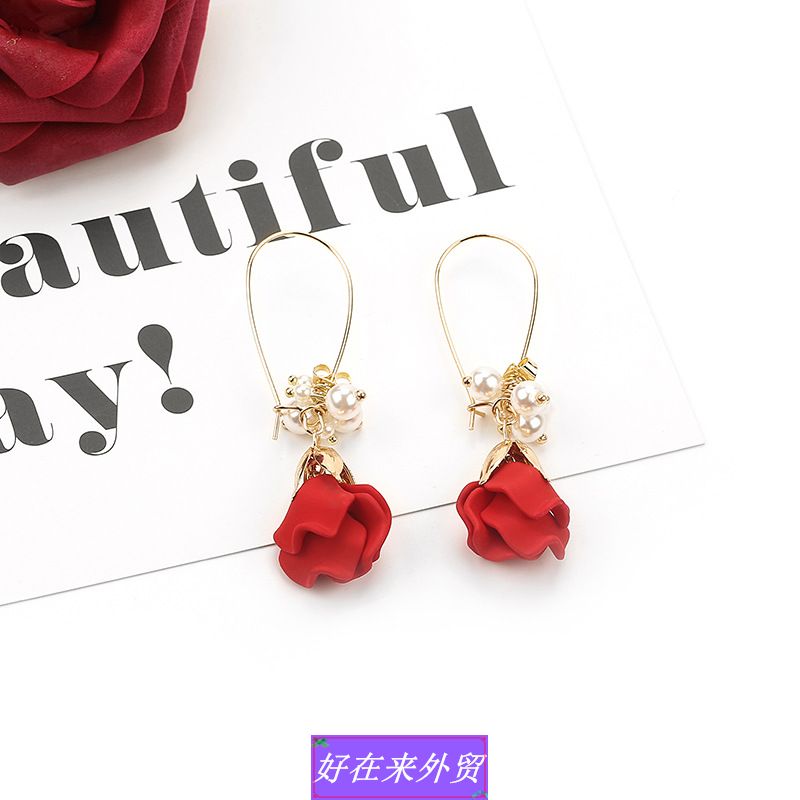 Exaggerated red rose petals tassel earrings retro bride girl - 图2