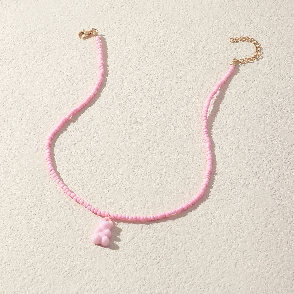 Hip hop Bear candy colored handmade rice bead necklace girl - 图2