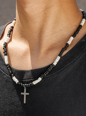 Bohemian wood bead men's vacation cross pendant necklace男生