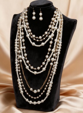 European American multi-layered women's pearl necklace set女