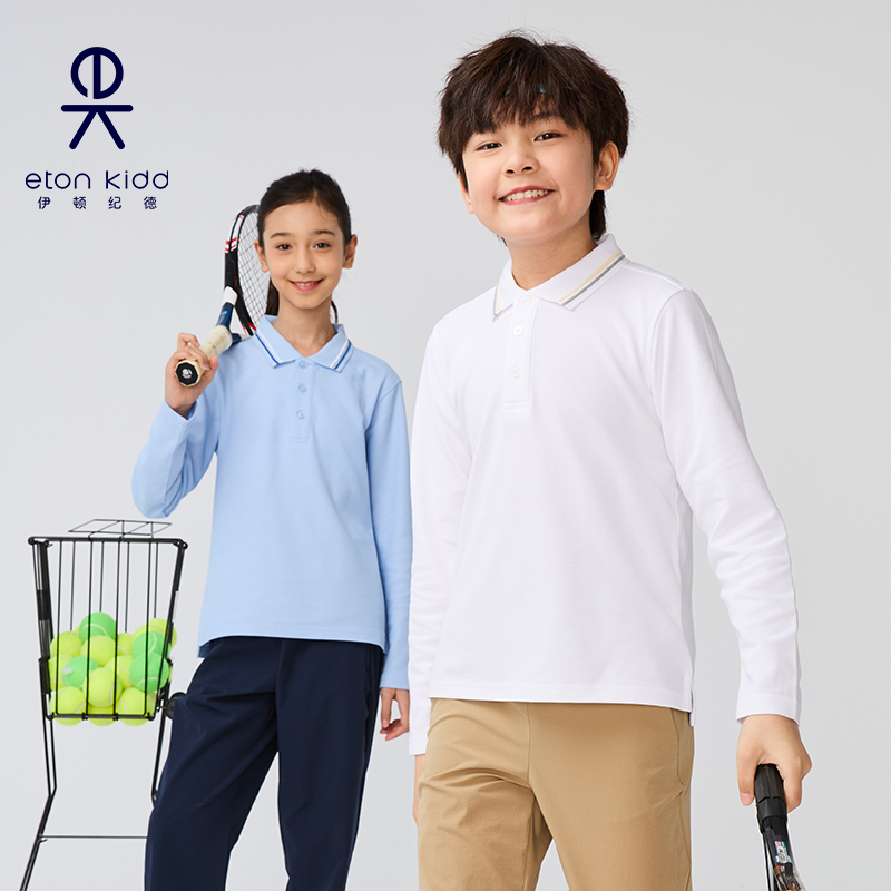 伊顿纪德校服男女童长袖T恤白色春秋打底衫儿童翻领POLO衫23T048 - 图0