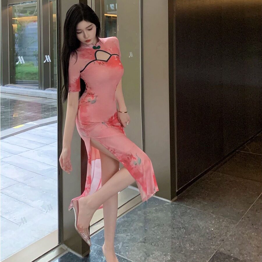 夏季新款中式复古典中国舞蹈旗袍连衣裙女气质优雅性感开叉显身材