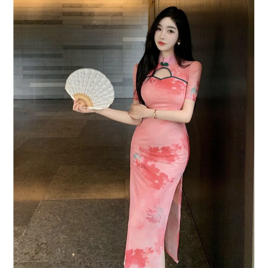 夏季新款中式复古典中国舞蹈旗袍连衣裙女气质优雅性感开叉显身材