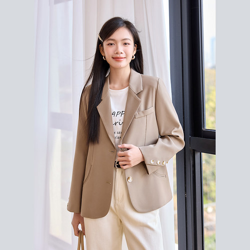 奈格薇儿小个子卡其色西装外套女春秋2026新款休闲廓形西服上衣 - 图2