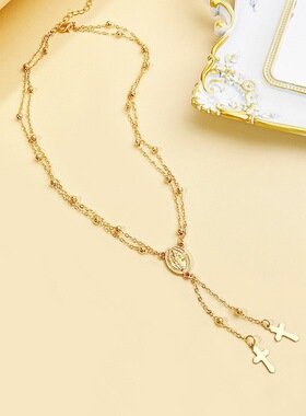 欧美时尚项链十字人像圆牌圣母项链欧美流行吊坠流苏项链