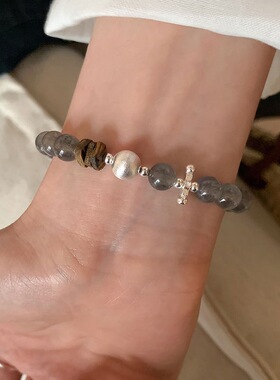 清冷感灰蓝色猫眼石串珠弹力绳手链女简约时尚潮流百搭手环手饰