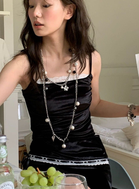 2025年新款黑加仑叶贝壳珍珠项链套装叠戴多层黑白百搭个性时髦女