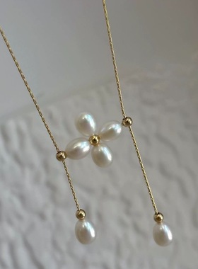 2025新款精致花朵珍珠项链抽拉可调节Y字锁骨链高级感百搭颈链