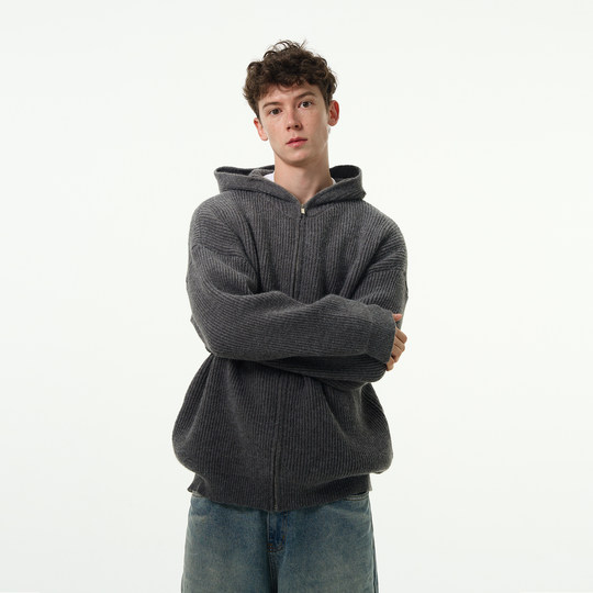 MADWITCH秋冬新款复古慵懒风针织衫男女cleanfit连帽毛衣开衫外套