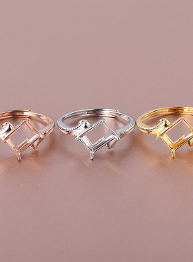 简约S925银戒指托镶嵌长方6*8mm