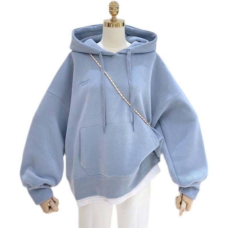 欧美卫衣女加绒加厚秋冬新款拼接假两件韩版刺绣宽松连帽外套,淘宝优惠券,粉丝福利购,淘宝优惠卷