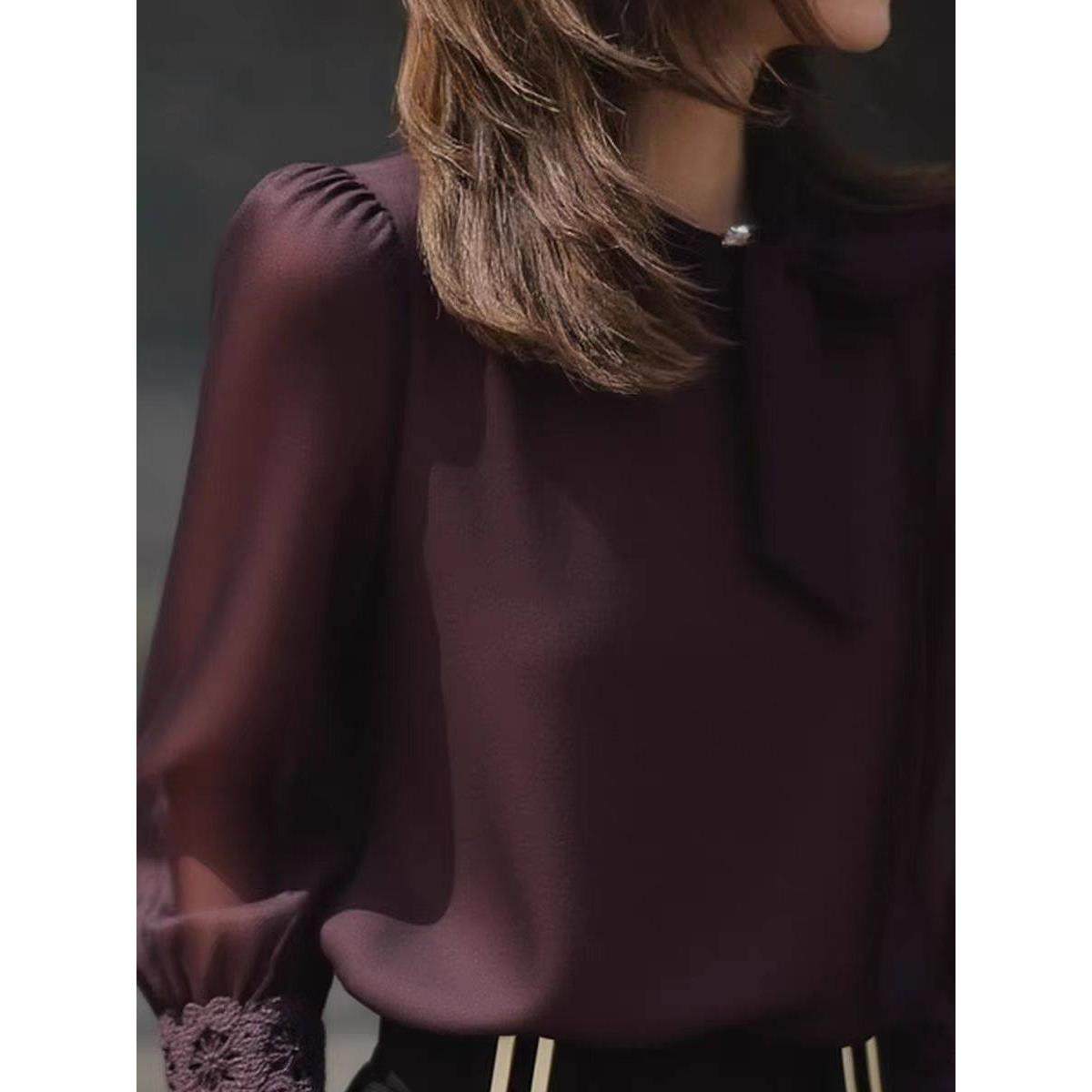 桑蚕丝轻熟风深紫色长袖衬衫女蕾丝拼接袖口真丝衬衣春秋打底上衣,淘宝优惠券,粉丝福利购,淘宝优惠卷