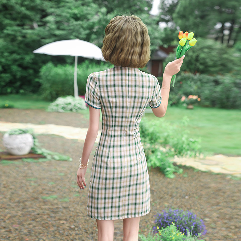 改良旗袍格子短修身性感复古连衣裙 夏宝妮旗袍