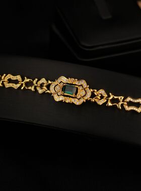 法式复古祖母绿手链豪华镶满钻高端气质饰品vintage中古优雅手镯