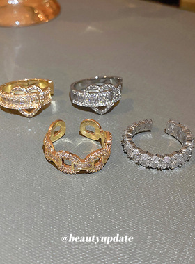 真金电镀锆石爱心链条开口戒指东大门时尚设计感食指戒百搭手饰女