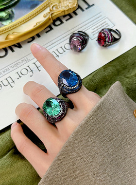 轻奢闪钻爆亮珠宝铜底镀金仿真彩宝干枯玫瑰时尚戒指主石12*16