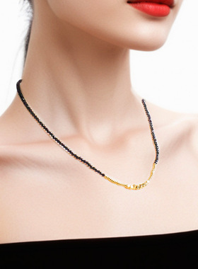 复古吊坠黑金串珠项链轻奢甜酷个性小众欧美锁骨