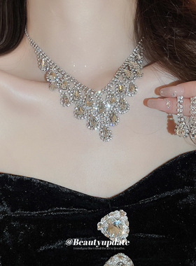 镶钻水滴流苏项链套装欧美高级感重工锁骨链复古百搭礼服项饰