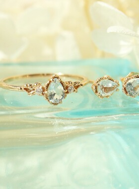 日本nojess同款天然海蓝宝石同款 水滴戒指项链耳钉套装轻奢饰品