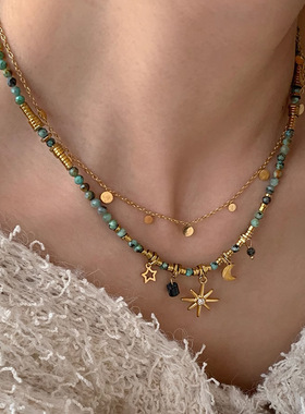 复古彩色天然石项链串珠小众太阳花秋冬美拉德项链轻奢颈饰女