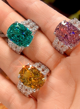 轻奢闪钻爆亮珠宝大气奢华仿帕拉绿鸟巢切铜底镀金戒指女12*16