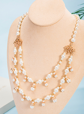 双层莲花汉服璎珞项链女珍珠双层古风明制配饰复古旗袍古装项链