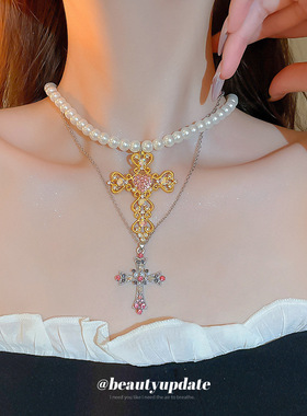 y2k叠戴风爱心十字架吊坠项链甜酷辣妹风锁骨链ins风小众时尚饰品