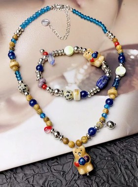 新款彩色串珠小熊陶瓷吊坠项链手链童趣多巴胺锁骨链甜酷配饰批发