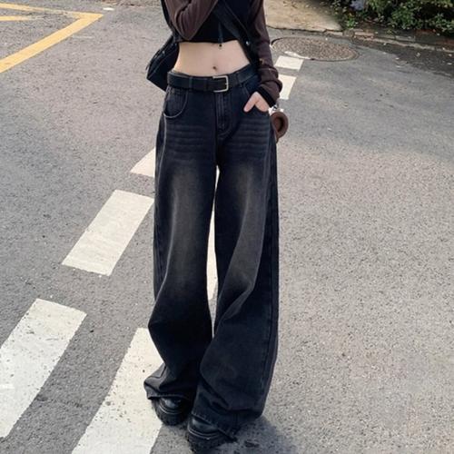 美式复古阔腿牛仔裤女秋季新款高腰宽松遮肉显瘦直筒垂感拖地裤子 - 图1