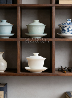 新中式茶室玄关软装茶道摆件古典家居装饰白瓷青瓷青花汝窑盖碗
