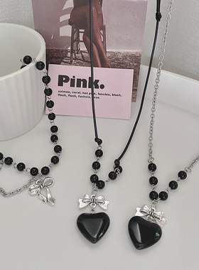 黑色珠子爱心叠戴项链锁骨链女