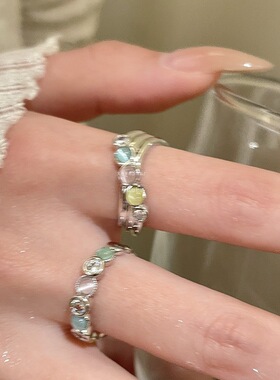 【7柒seven】彩色猫眼戒指女轻奢小众感食指戒时尚叠戴可调节指环