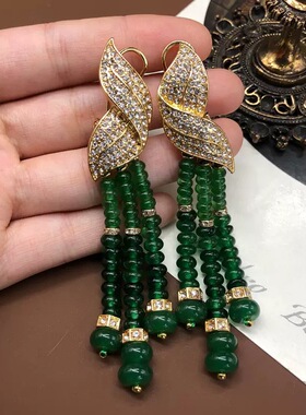 欧美首饰套装创意镶嵌莱茵石百搭算盘珠绿色石头珠串珠项链耳钉