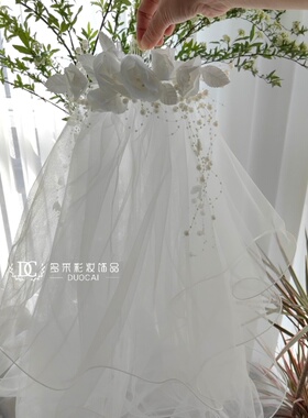 复古甜美新娘花朵港风头纱结婚头饰婚纱发饰短头纱影楼拍照配饰品