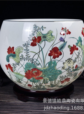 景德镇陶瓷鱼缸粉彩描金睡莲盆中式创意家居玄关聚宝盆装饰摆件
