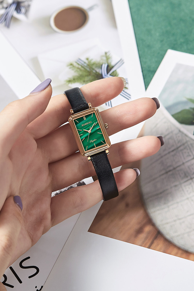 罗西尼女ins风轻奢女表方盘小绿表 罗西尼茵达美国产腕表
