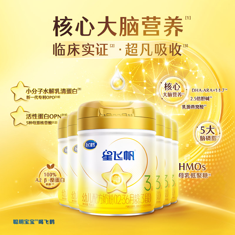 【年货节】飞鹤星飞帆A2β-酪蛋白奶源3段婴幼牛奶粉708g*6罐