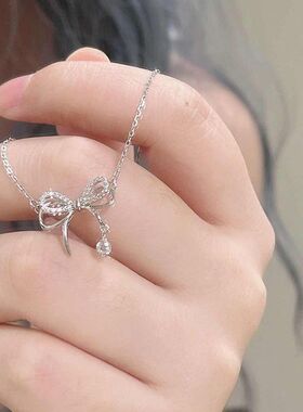 甜美双层蝴蝶结吊坠项链简约合金颈链网红爆款少女心穿搭饰品