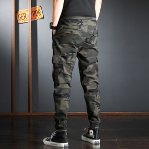 工装裤男士潮牌束脚修身韩版迷彩休闲男裤子美式炫彩运动军绿长裤