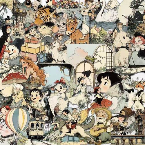 100张童话世界贴纸卡通可爱复古风插画手账手机壳笔记本PET贴画 - 图1