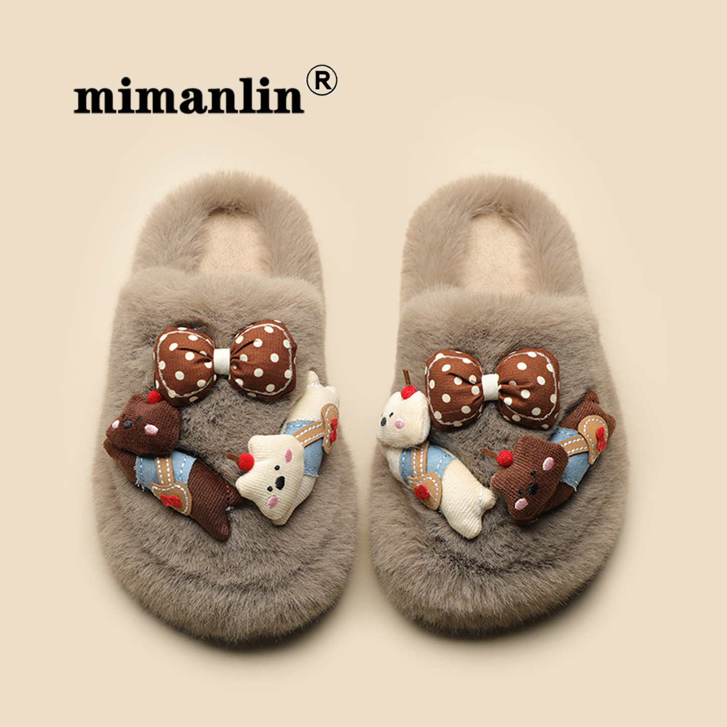小熊毛毛拖鞋女秋冬居家保暖可爱加绒卡通蝴蝶结防滑软萌包头棉拖,淘宝优惠券,粉丝福利购,淘宝优惠卷