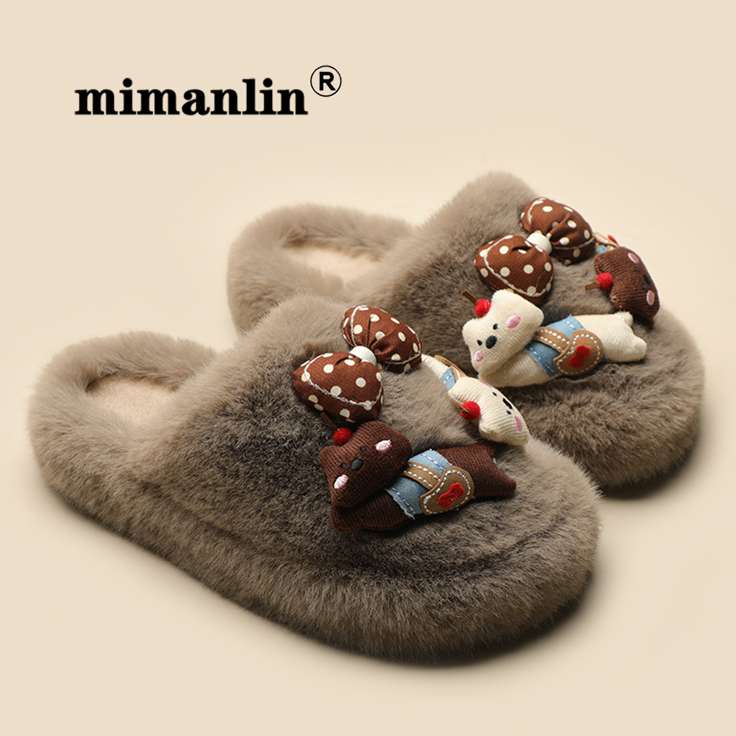 小熊毛毛拖鞋女秋冬居家保暖可爱加绒卡通蝴蝶结防滑软萌包头棉拖,淘宝优惠券,粉丝福利购,淘宝优惠卷